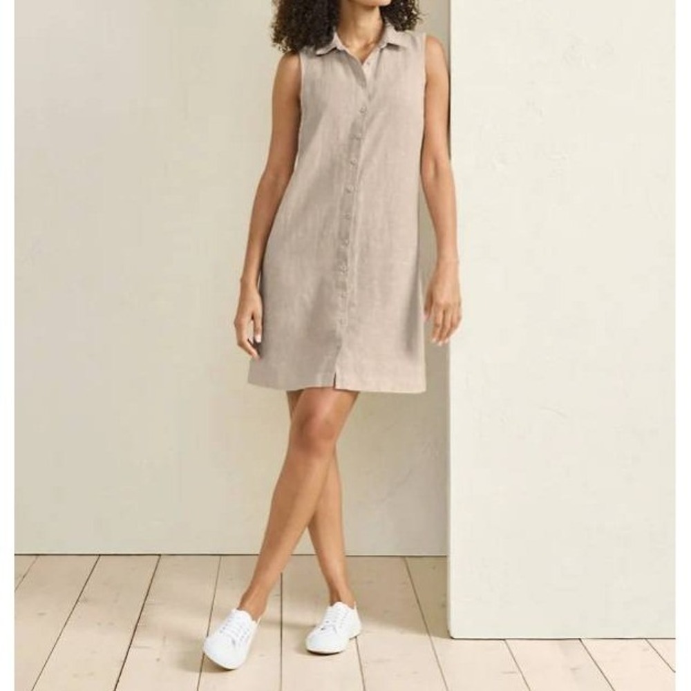 Garnet Hill Womens 100% Linen Shirtdress Size 6 Beige Sleeveless Button Front